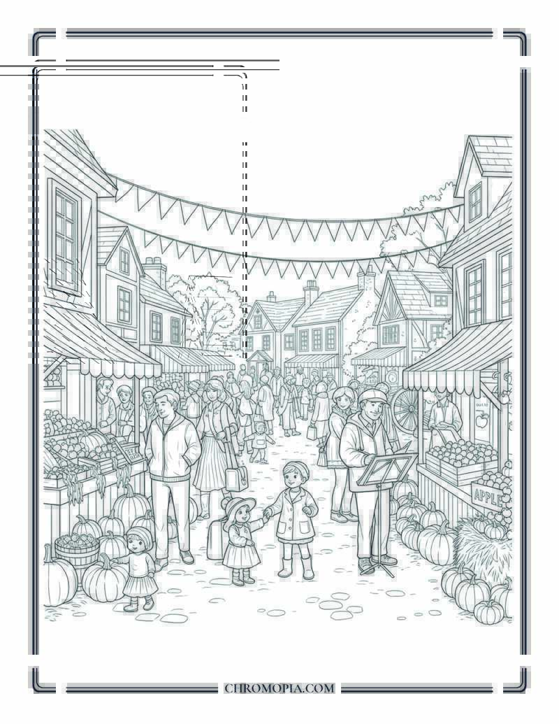 Autumn Harvest Festival Daytime Village Scene Coloring Page