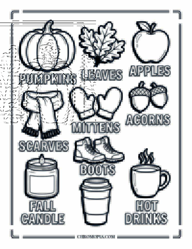 Autumn Season Elements Collage Mixed Fall Icons Coloring Page