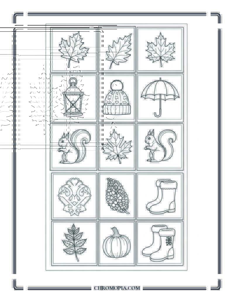 Autumn And Fall Symbols Grid Decorative Coloring Sheet