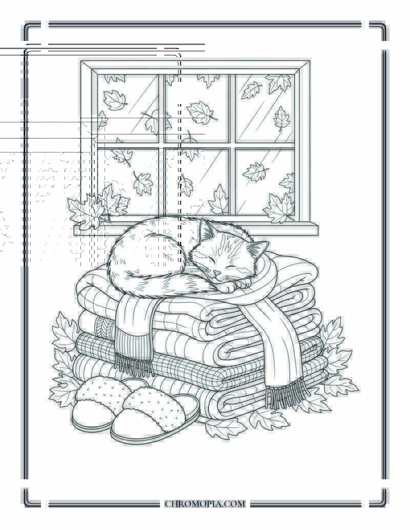 Cat Sleeping On Pile Of Scarves Cozy Autumn Pet Coloring Page