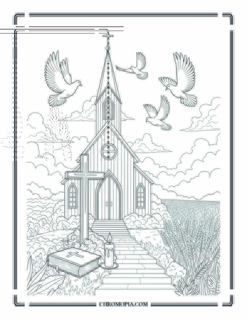 Christian Autumn Devotional Scene Peaceful Faith Coloring Page