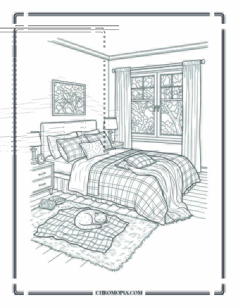 Cozy Autumn Bedroom Indoor Scene For Adults Coloring Page