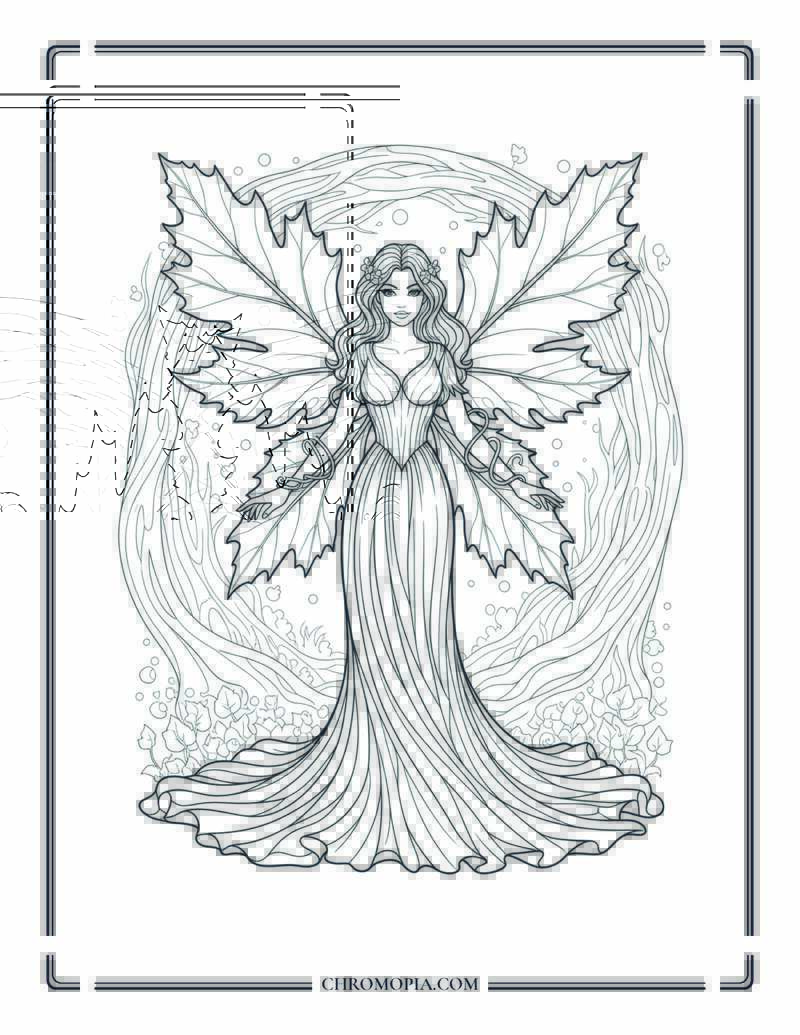 Elegant Autumn Fairy With Leaf Wings Fantasy Adult Scene Coloring Page