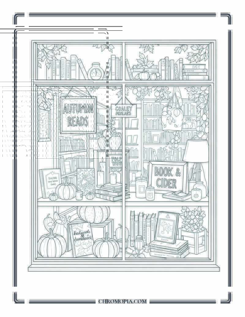 Fall Bookstore Window Display Shopfront Scene Coloring Page
