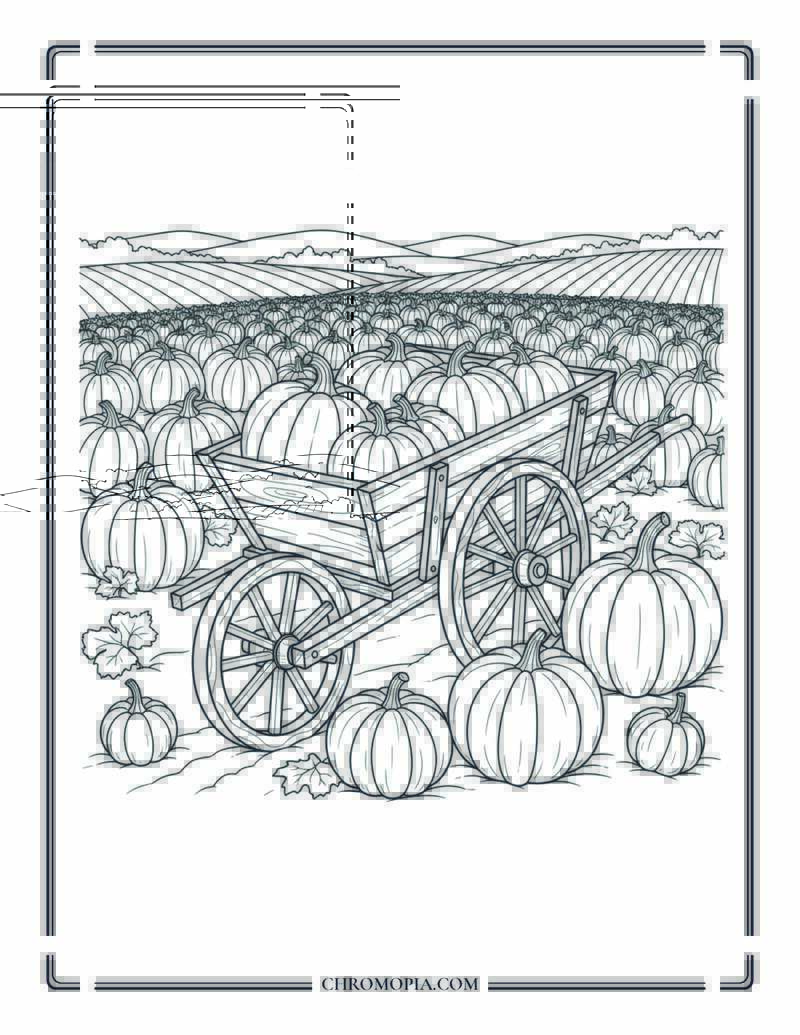 Harvested Pumpkin Field With Cart Fall Farm Scene Coloring Page