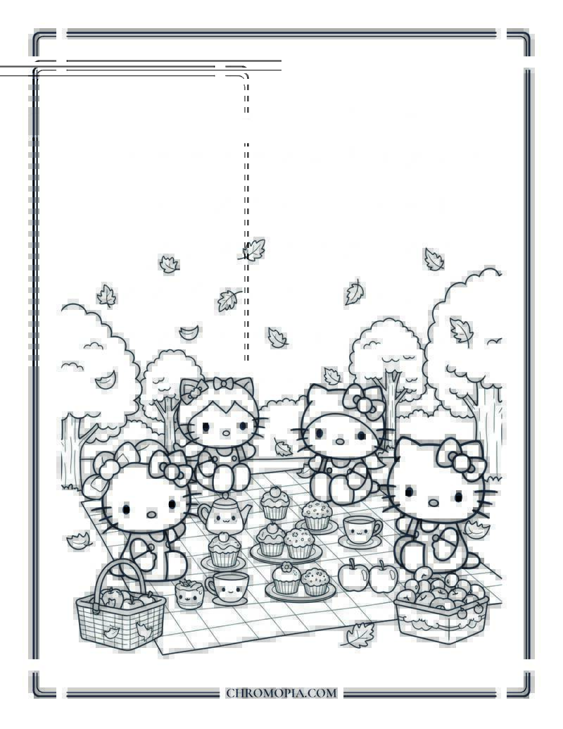 Kawaii Cat Fall Picnic Kawaii Autumn Coloring Page For Grown Ups