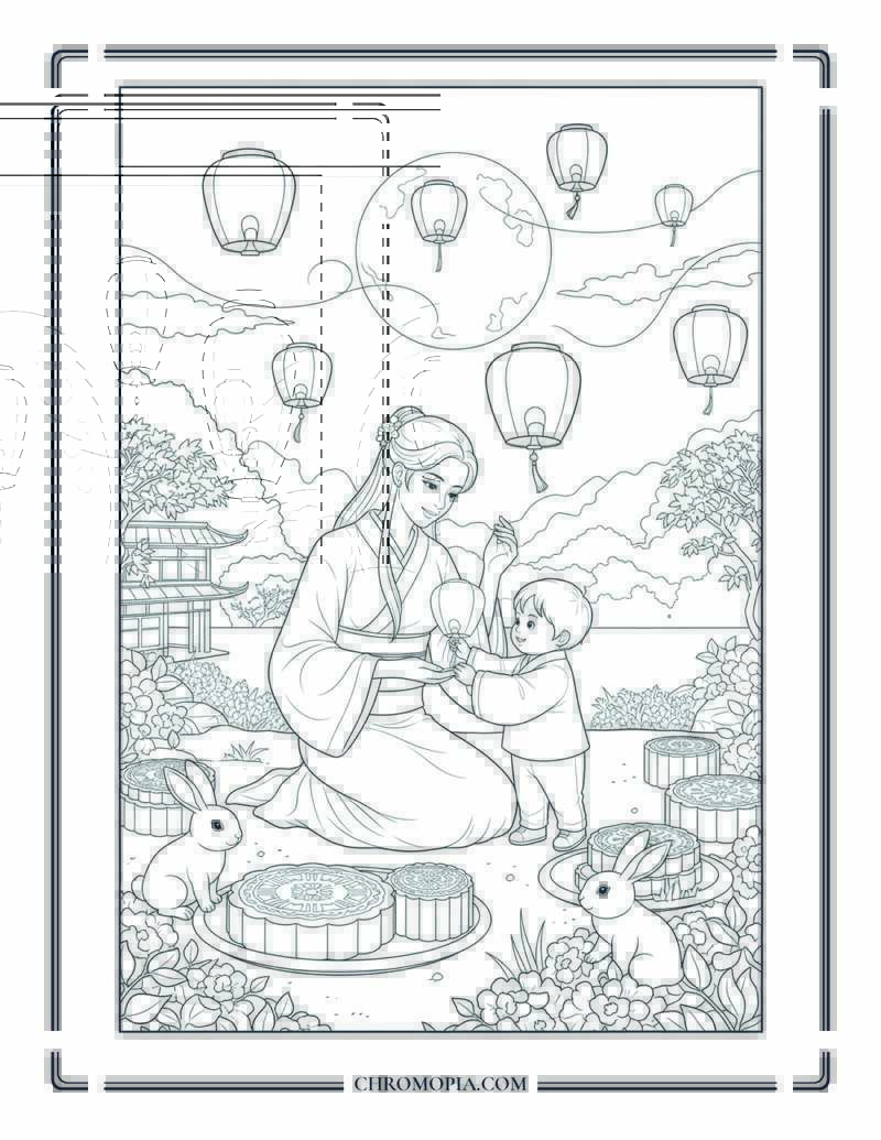 Mid Autumn Festival Night Chinese Moon Celebration Scene Coloring Page