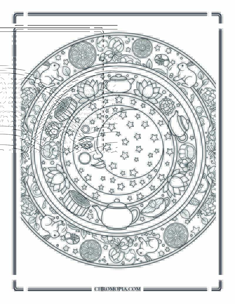 Mid Autumn Moon Mandala Festival Symbols In Pattern Coloring Page