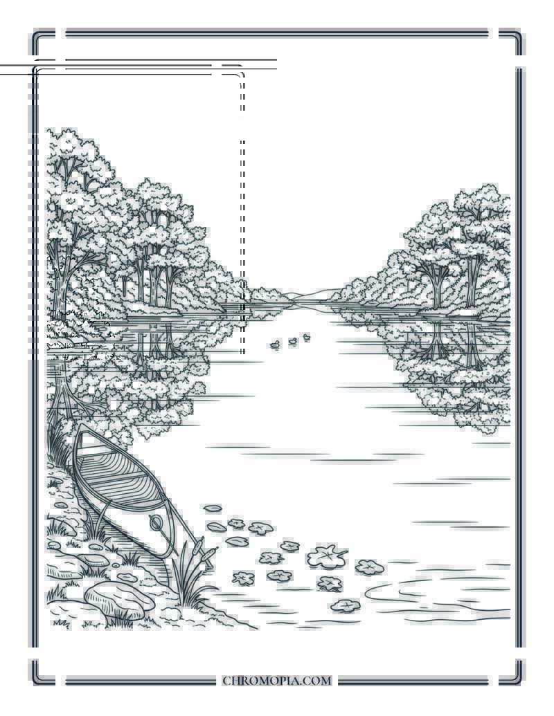 Peaceful Autumn Lake Scene Landscape Reflection Coloring Page