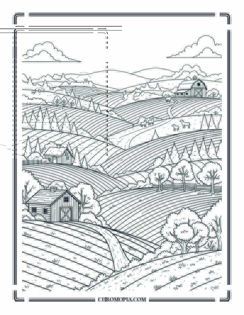 Rolling Hills Autumn Landscape Wide View Scene Coloring Page