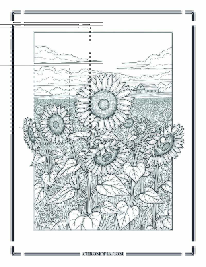 Sunflower Field In Late Fall Adult Floral Scene Coloring Page