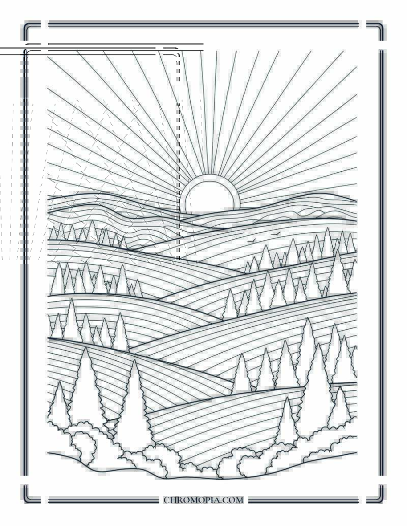 Sunset Over Autumn Hills Landscape For Adults Coloring Page