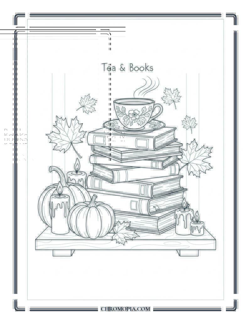 Tea And Books Autumn Corner Cozy Reading Coloring Page