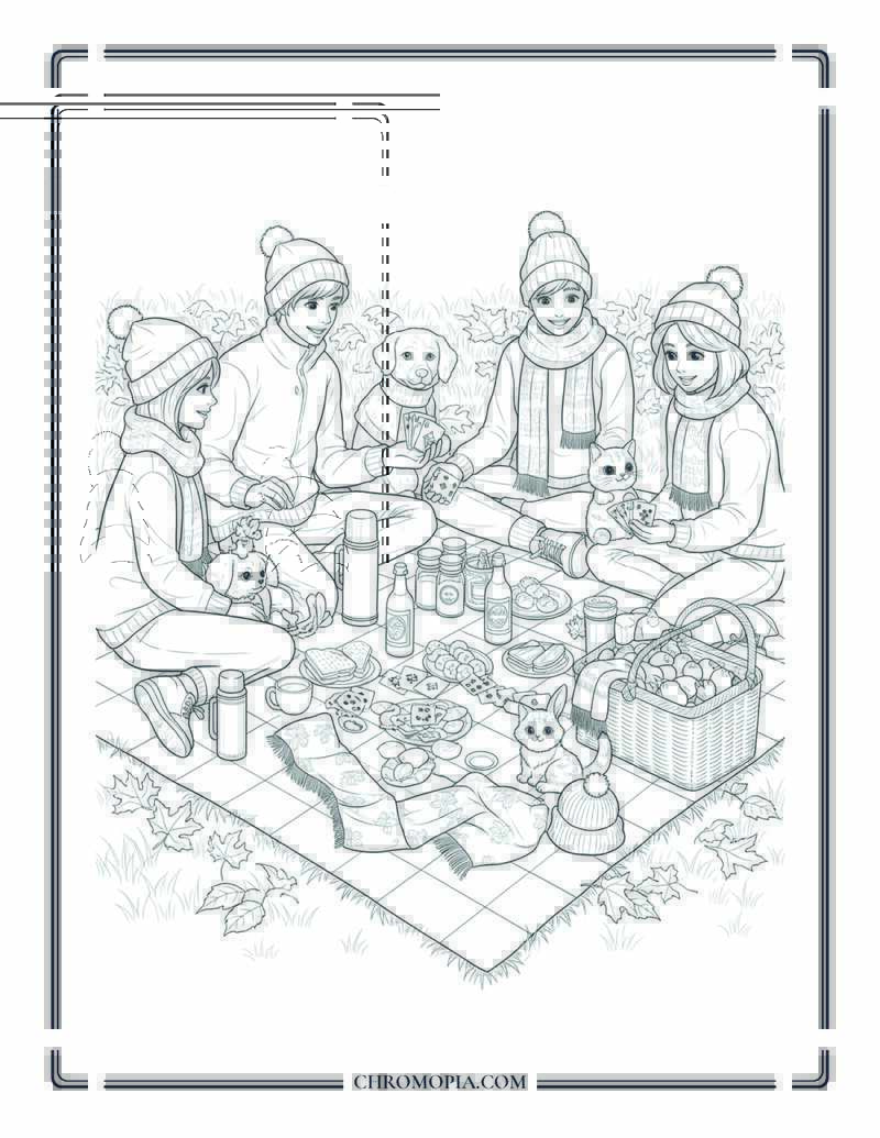 Autumn Picnic With Friends And Pets Outdoor Fall Tablescape Scene Coloring Page