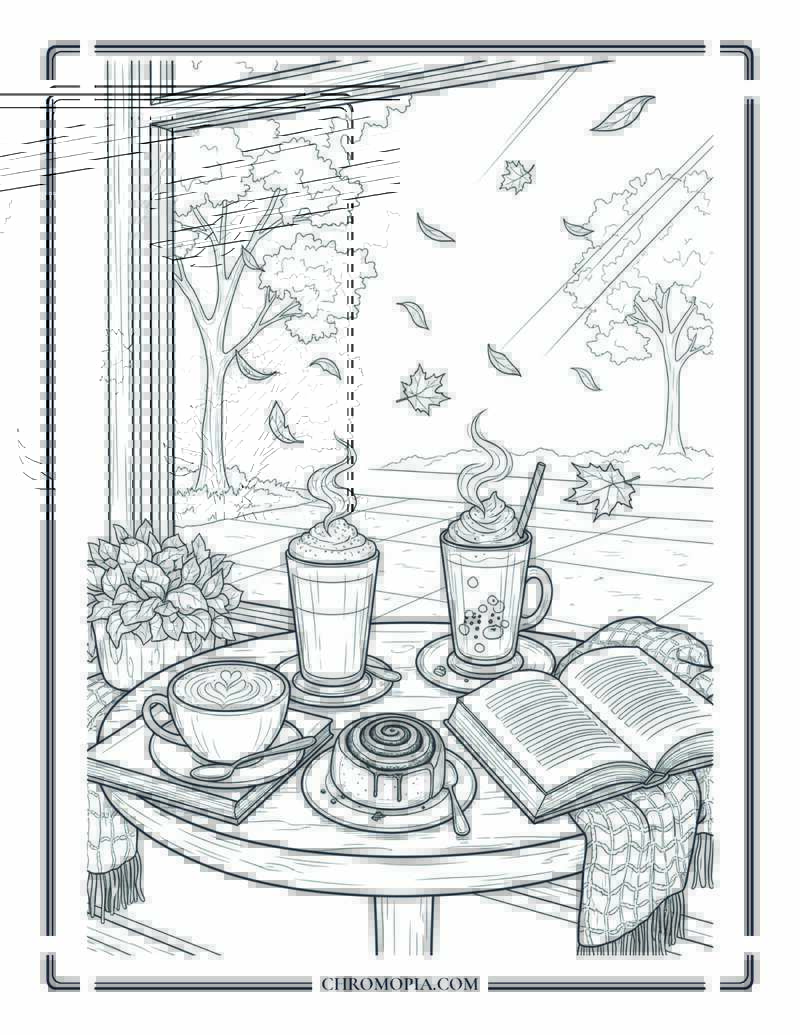 Cafe Window Table With Fall Drinks And Books Cozy Coffee Shop Scene Coloring Page