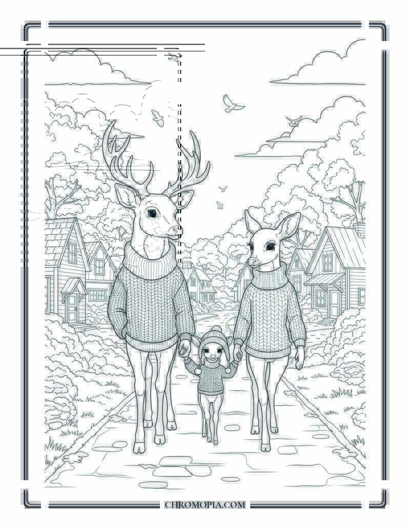 Deer Family Strolling Through Autumn Village Lane Realistic Animal Town Scene Coloring Page