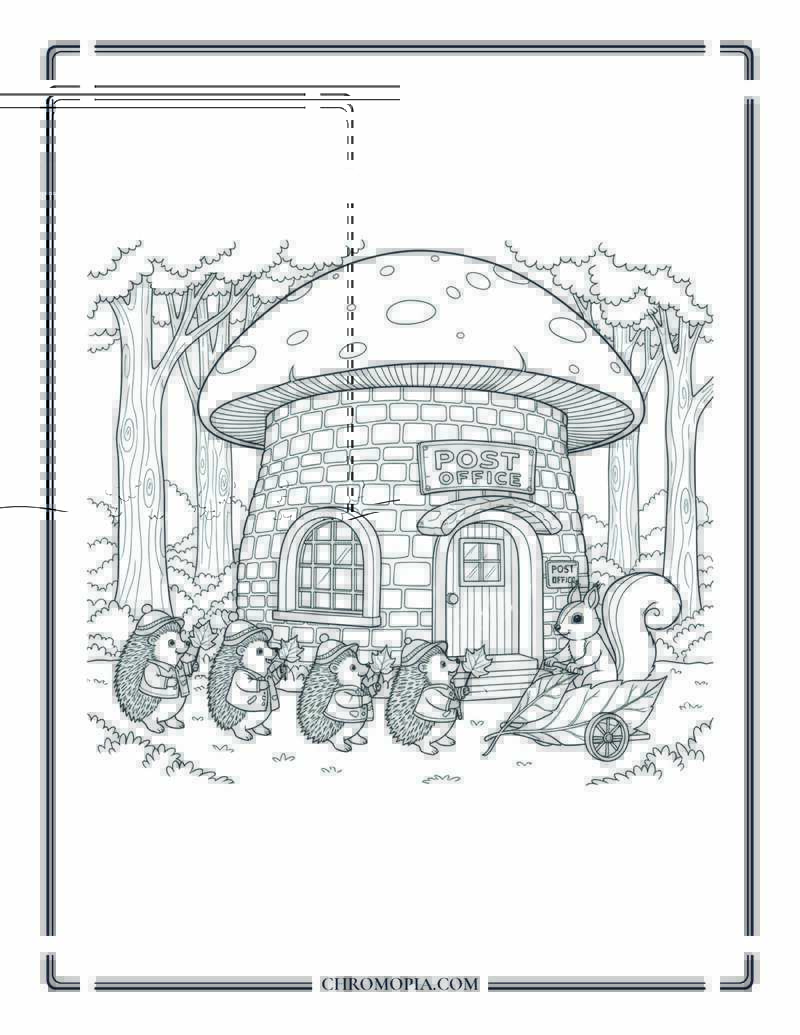 Fall Post Office In Hedgehog Hamlet Forest Animal Village Scene Coloring Page