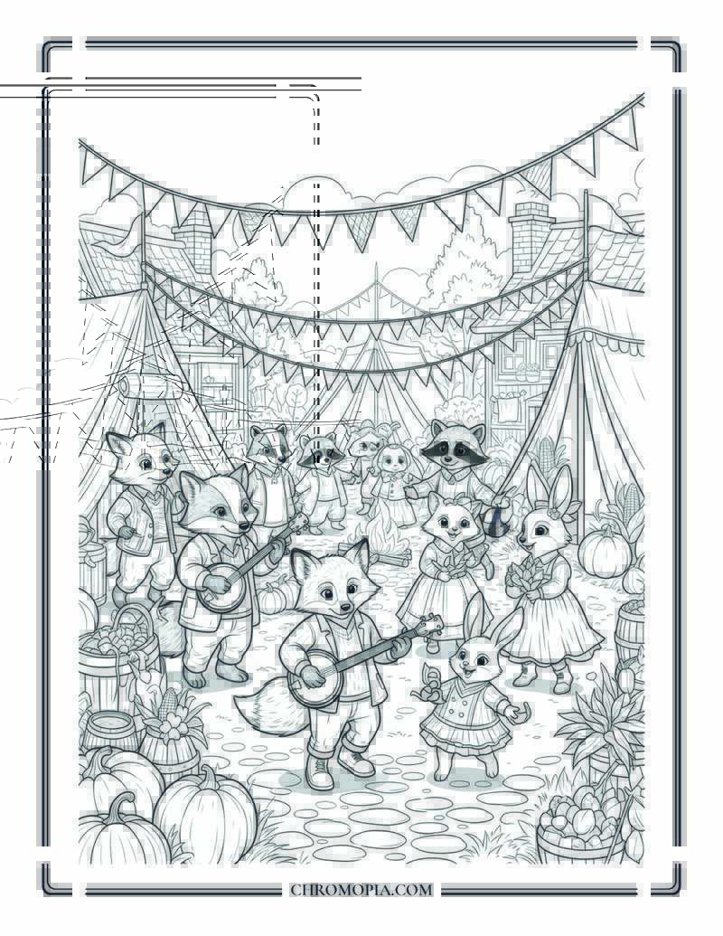 Harvest Festival In Foxglove Village Autumn Animal Celebration Coloring Page
