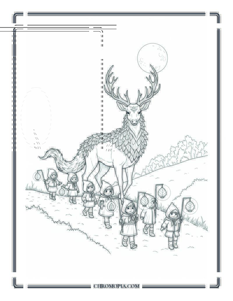 Mythical Fall Guardian Beast And Lantern Carriers Epic Autumn Fantasy Creature Scene Coloring Page
