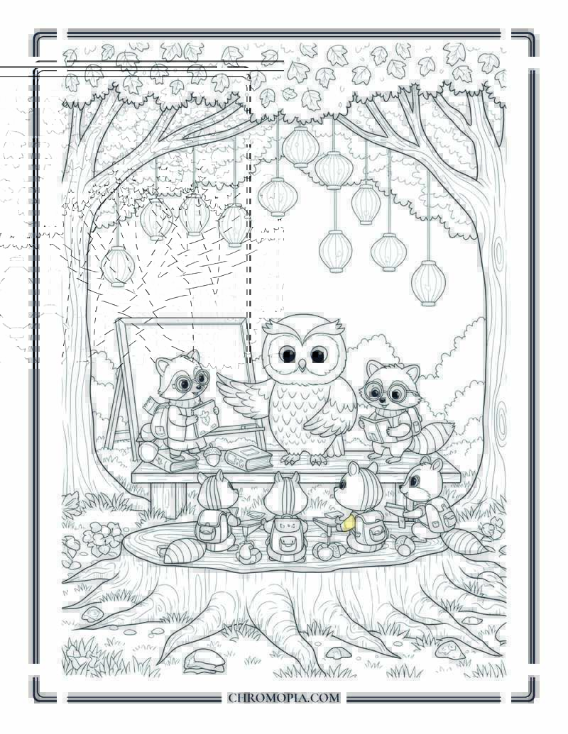 Owl Schoolhouse In Golden Tree Cozy Fall Animal Scene Coloring Page