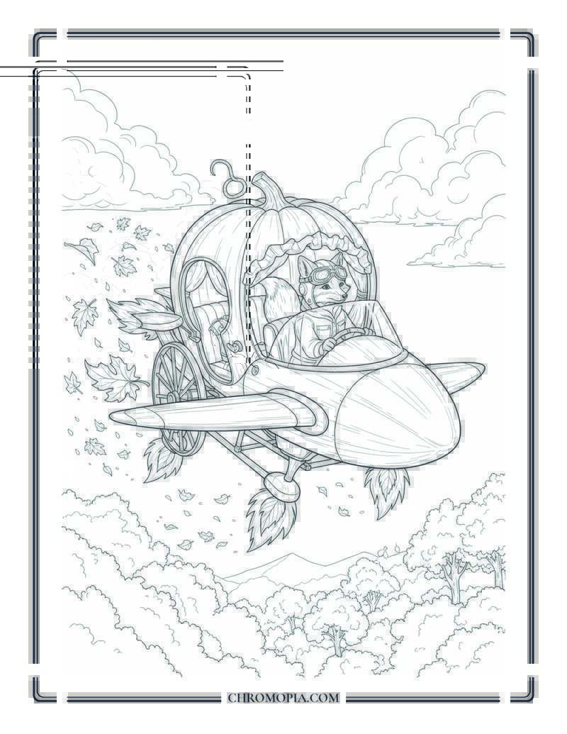 Pumpkin Carriage Hovercraft With Animal Drivers Autumn Fantasy Vehicle Scene Coloring Page