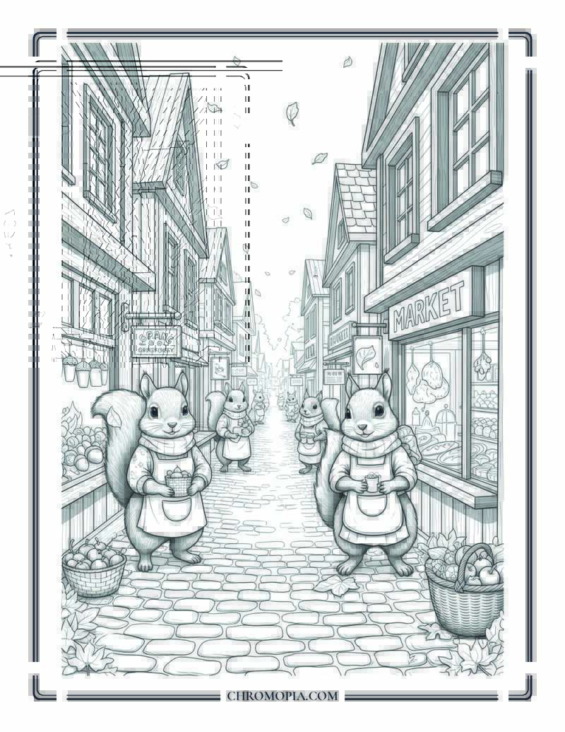 Squirrel Village Market Street In Autumn Animal Town Scene Coloring Page