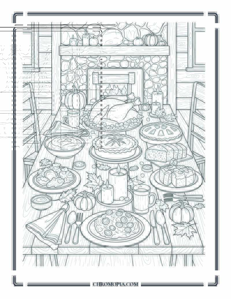 Thanksgiving Feast Table In Autumn Cabin Cozy Indoor Spread Scene Coloring Page