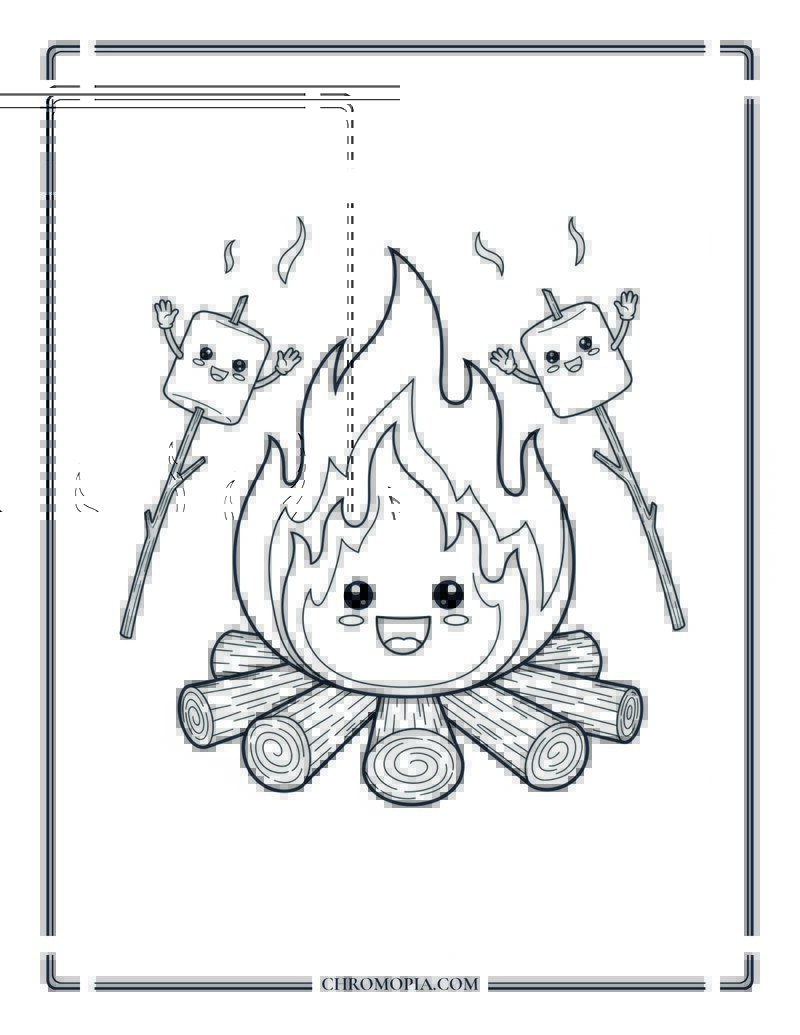 Campfire With Marshmallow Sticks Autumn Camping Coloring Page