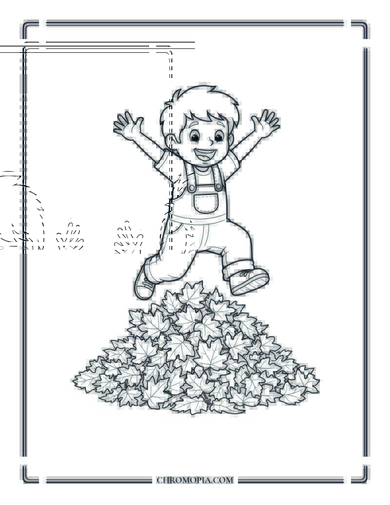 Kid Jumping Into Leaf Pile Big Fall Fun Coloring Page