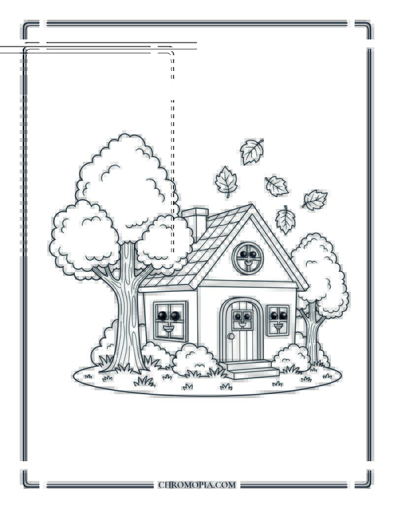 Little House With Trees And Leaves Toddler Autumn Setting Coloring Page