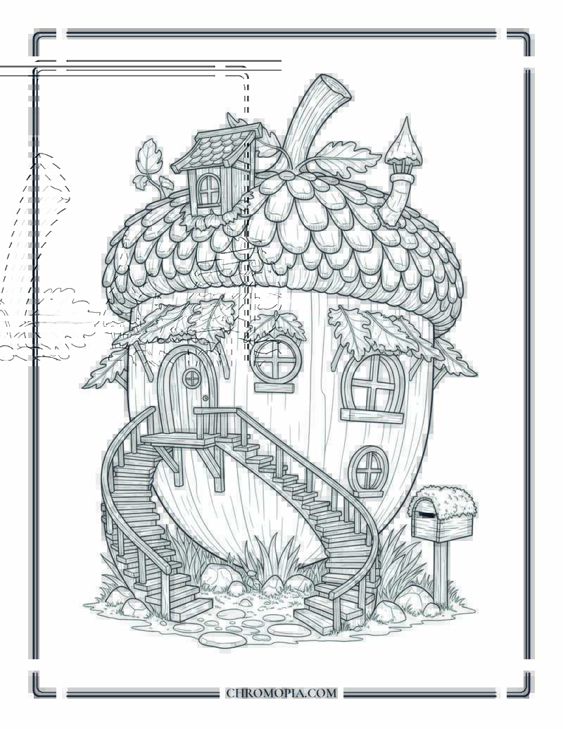 Acorn House Of The Forest Gnome Fantasy Architecture Scene Coloring Page