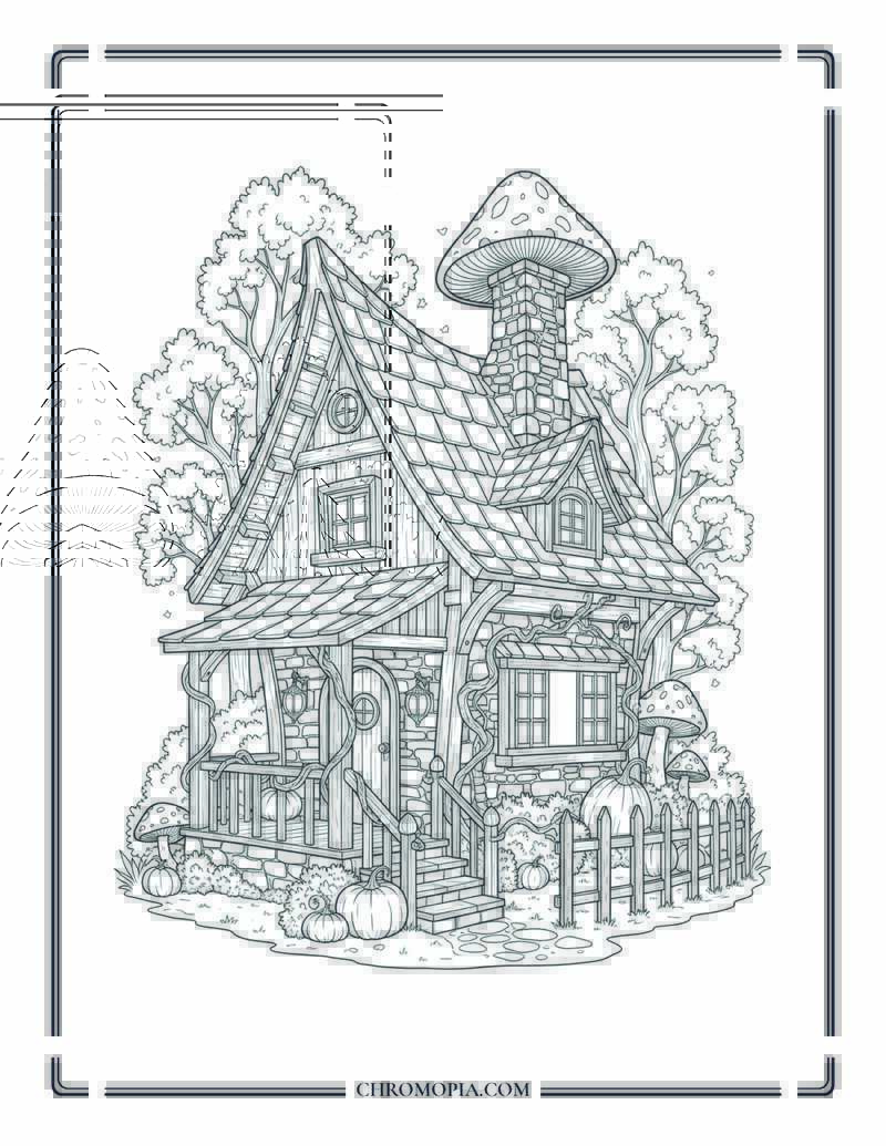 Fantasy Fall Cottage With Mushroom Chimney Magical Home For Adults Coloring Page