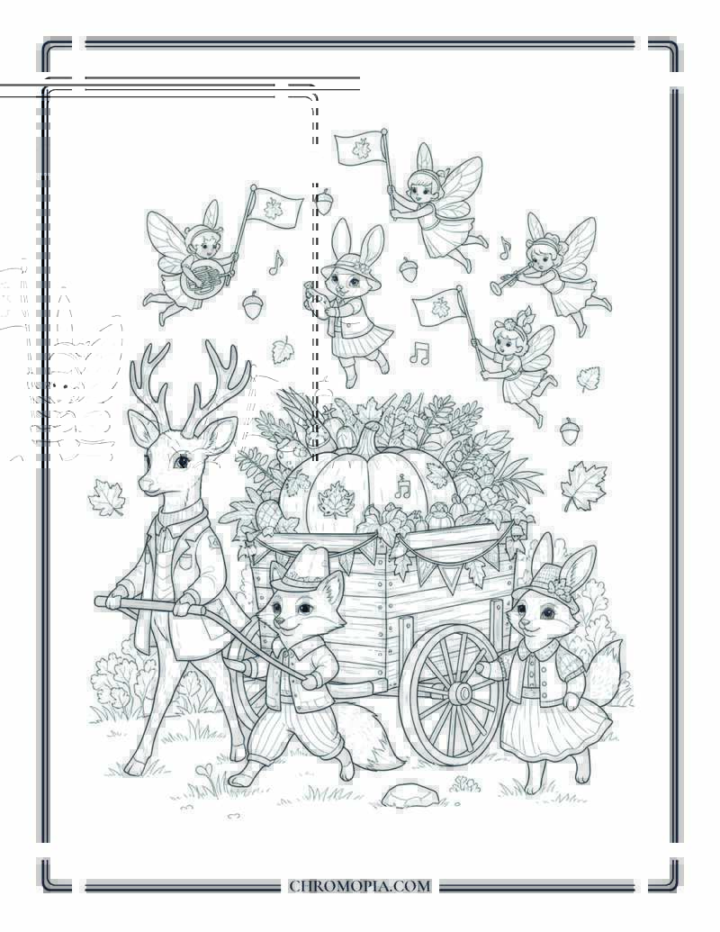 Fantasy Harvest Parade With Forest Beasts Magical Autumn Celebration Scene Coloring Page
