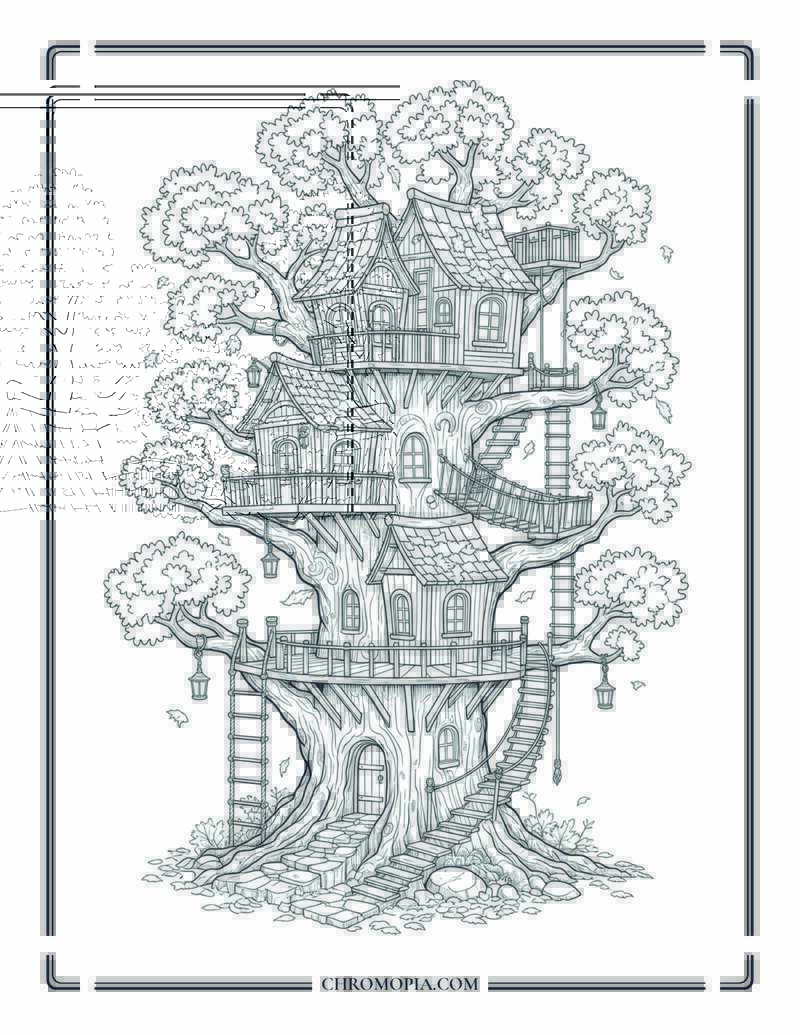 Fantasy Treehouse In A Fall Oak Tree Autumn Architecture Scene Coloring Page