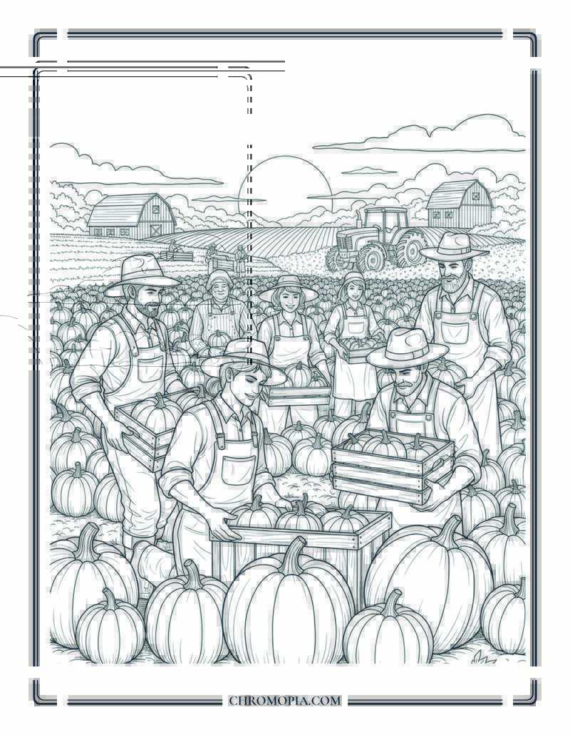 Farmers Harvesting Pumpkin Field Realistic Autumn Agriculture Coloring Page