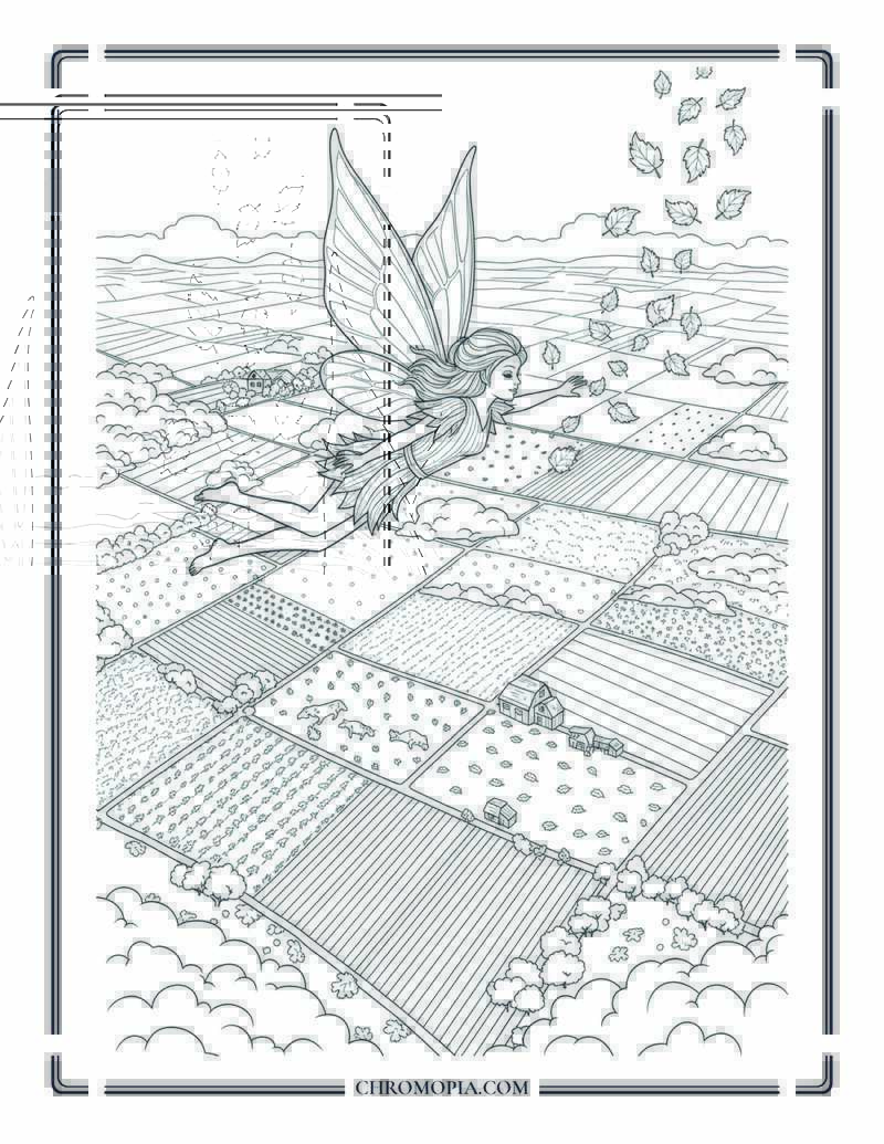 Harvest Fairy Flying Over Fields Aerial Agriculture Scene Coloring Page
