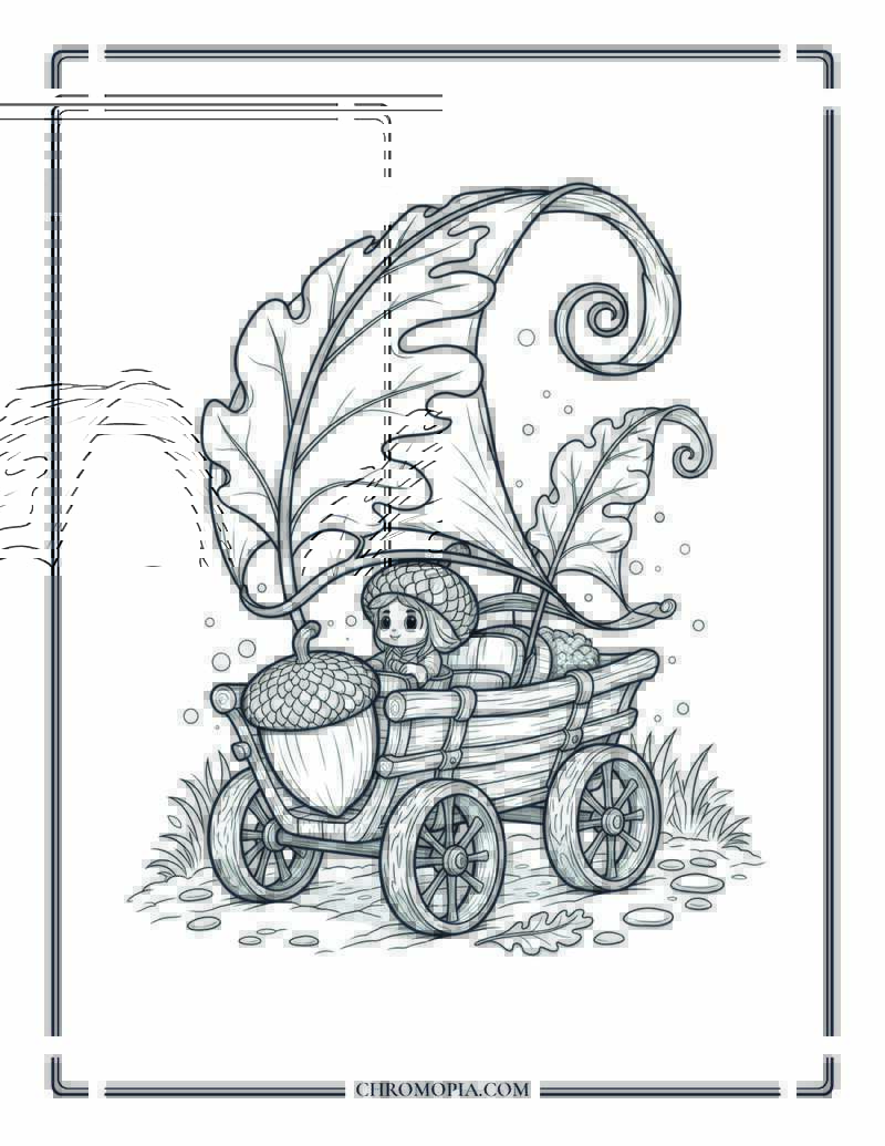 Magical Autumn Vehicle Acorn Wagon With Leaf Sails Coloring Page