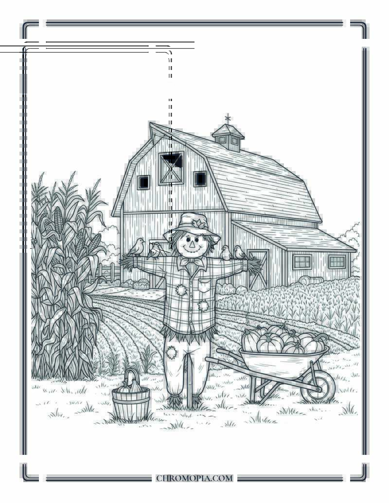 Old Fall Barn With Scarecrow And Corn Rows Traditional Autumn Farm Scene Coloring Page