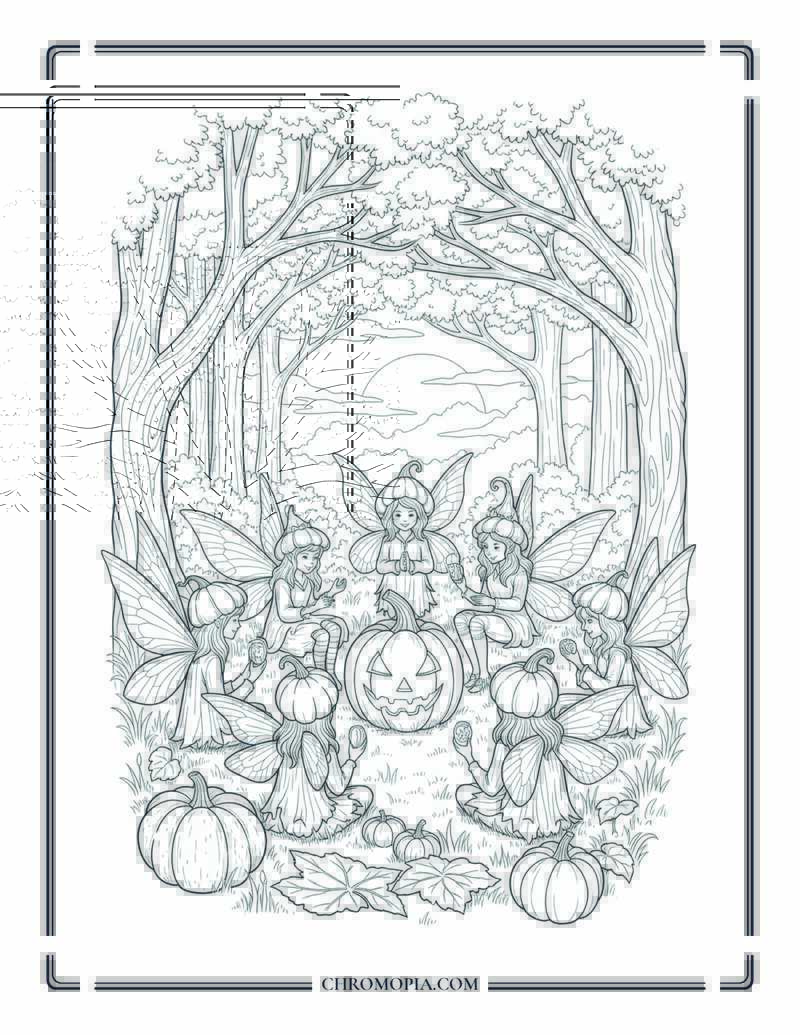 Pumpkin Fairy Gathering Woodland Council Scene For Adults Coloring Page