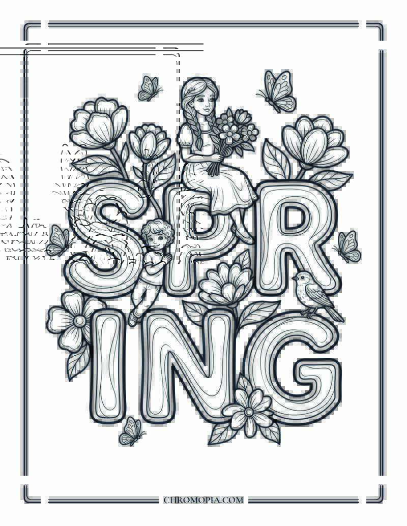 Spring Typography Scene Coloring Page