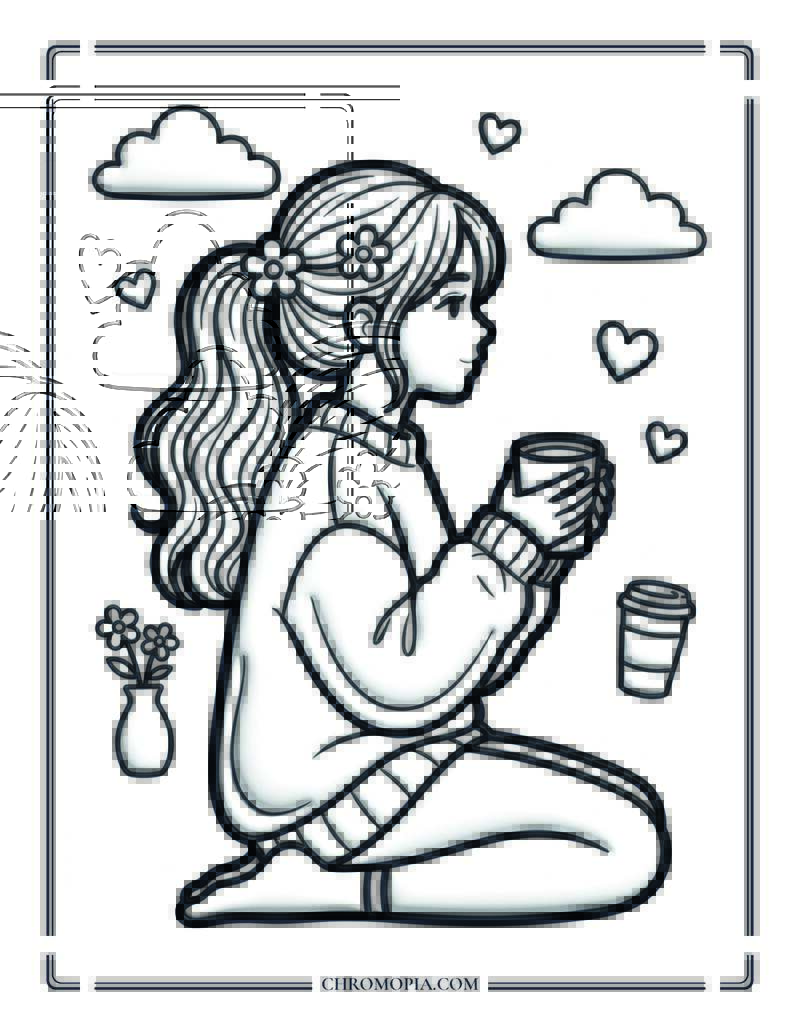 Cozy Spring Tea Moment Coloring Page