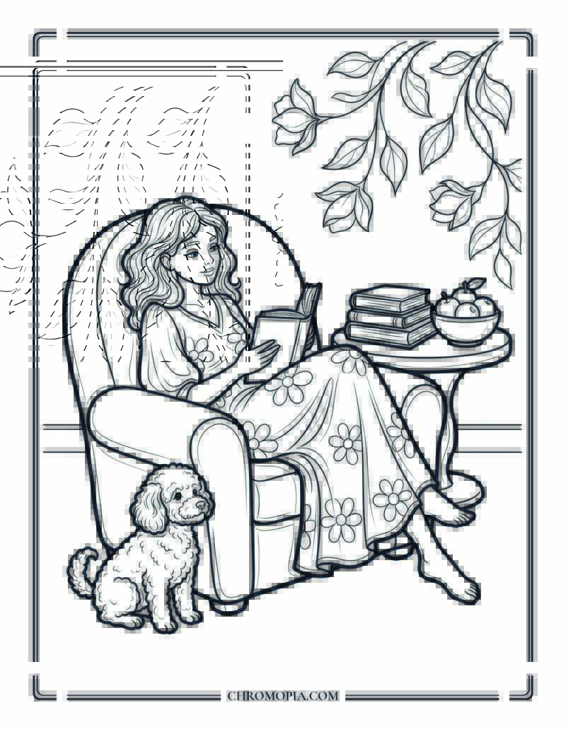 Peaceful Reading Corner Coloring Page