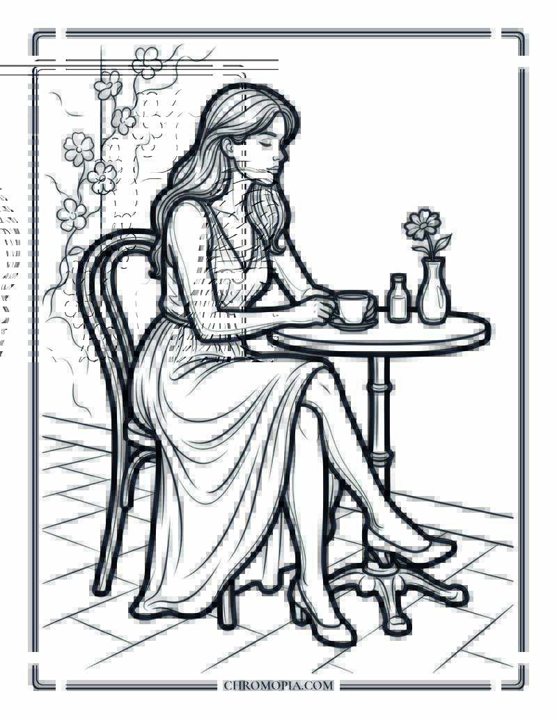 Quiet Cafe Spring Moment Coloring Page