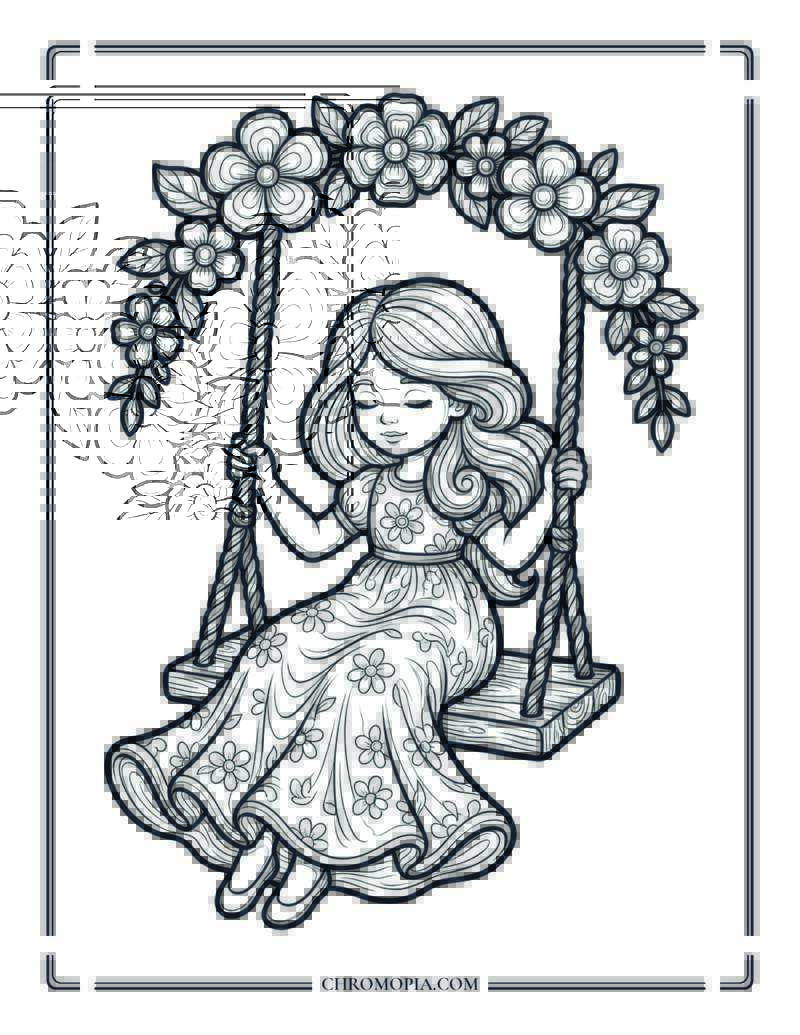 Floral Swing Dream Girl Coloring Page