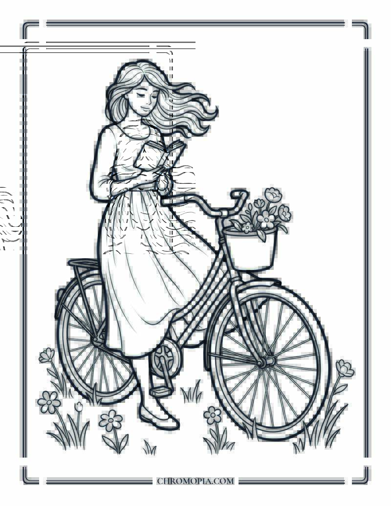Spring Pause With Bicycle Coloring Page