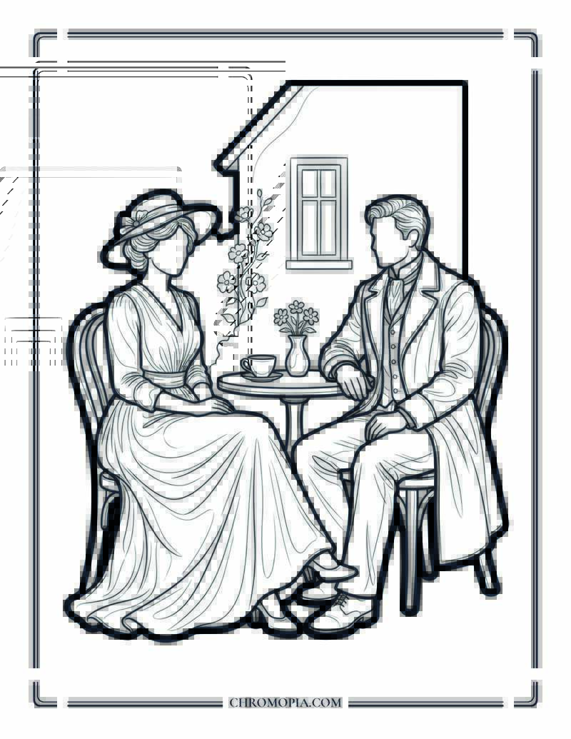 Elegant Spring Cafe Couple Coloring Page