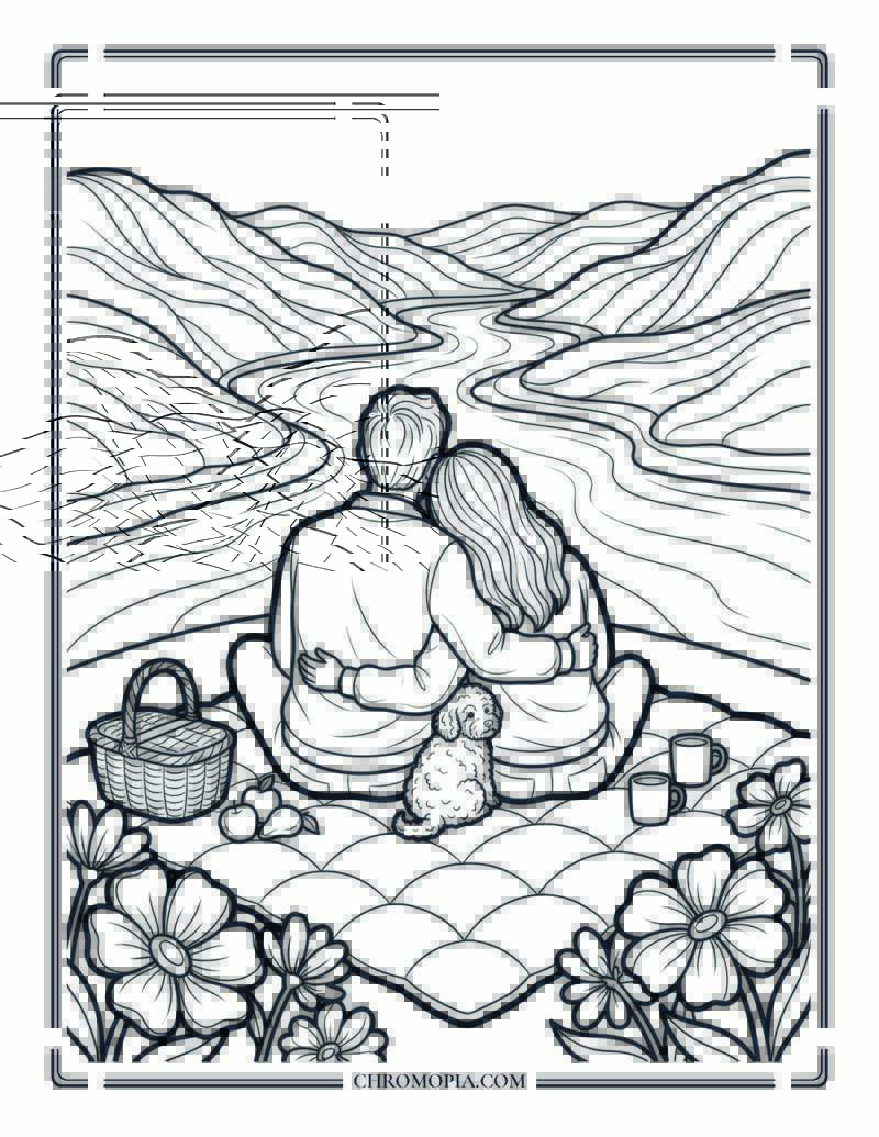 Spring Love Picnic View Coloring Page