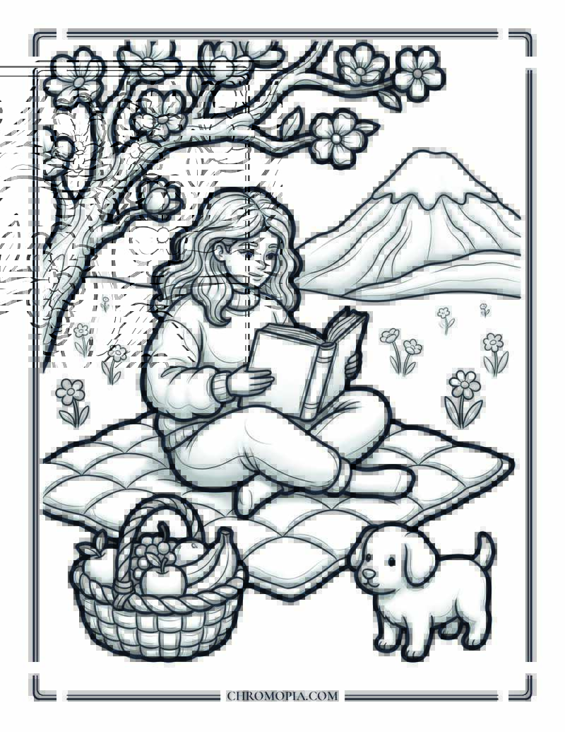 Mountain Blossom Picnic Coloring Page