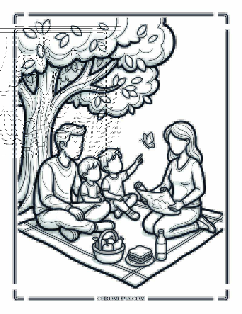 Family Spring Joy Under Tree Coloring Page