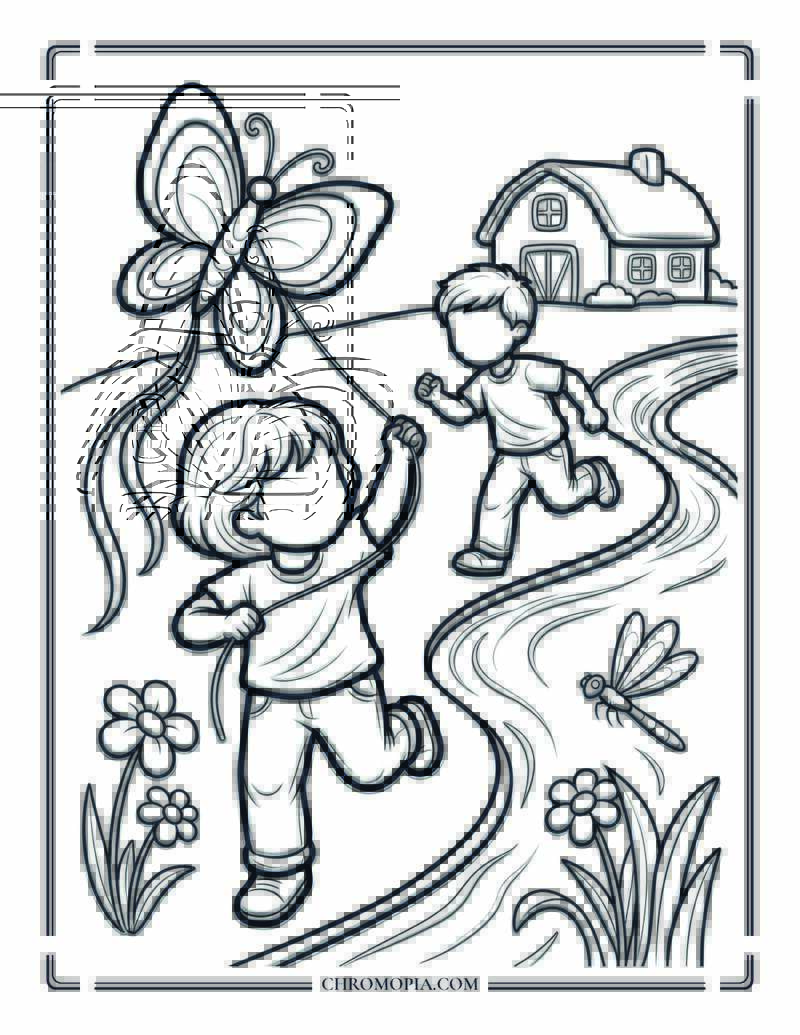 Kite And Butterflies Field Coloring Page